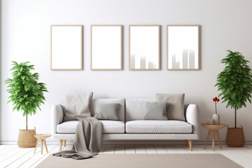 Blank Picture Frame Mockup on White Wall. Modern Living