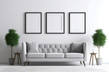 Blank Picture Frame Mockup on White Wall. Modern Living