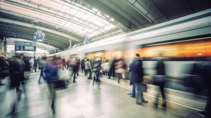 Blurred crowd people walking in train station. Generative AI