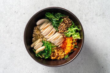 Tuna poke rice bowl, tuna, bowl, natto, silken tofu, salmon sashimi, tuna sashimi