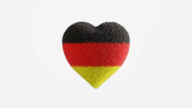 3D animation of a fluffy heart in the colors of the German flag. Looped seamless loop cycled. 4K UHD 3840x2160 3D professional render high quality.