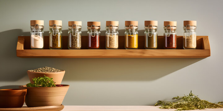Wooden Spice Rack on a Light Wall: Commercial Background for Spice Advertisement