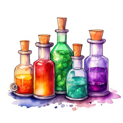 Obraz na płótnie Canvas A group of bottles with different colored liquids in them. Generative AI. Magic potion in glass bottle.