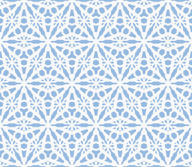 Abstract vector ornamental geometric seamless pattern. Elegant blue and white floral lattice, mesh, weave, grid. Winter frosty texture. Subtle background ornament. Repeat geo design for decor, print