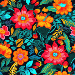 Folk art flowers colorful seamless repeat pattern [Generative AI]
