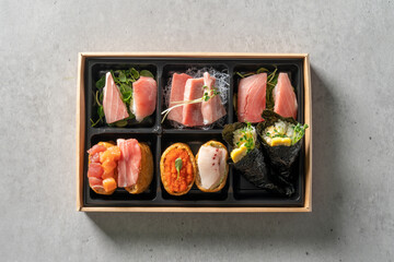 Soft tofu, shrimp, poke, avocado, temaki, raw tuna, salmon sashimi