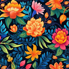 Fototapeta na wymiar Folk art flowers colorful seamless repeat pattern [Generative AI] 