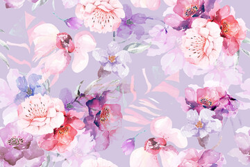 Rose seamless pattern with watercolor.Designed for fabric and wallpaper, vintage style.Hand drawn floral pattern illustration.Blooming flower painting for summer.Botany background.