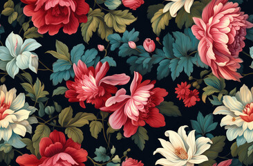 Flowers drawing on black seamless repeat pattern [Generative AI]
