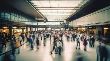 Fototapeta na wymiar Blurred crowd people walking in train station. Generative AI
