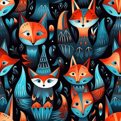 Foxes seamless repeat pattern - fantasy colorful cubism, abstract art, trippy psychedelic [Generative AI]
