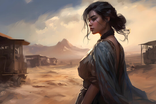 A Lady in the Vintage Dress with the Desert behind 
