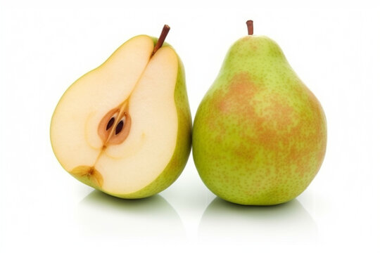 Closeup fresh pear fruit with cut in half sliced isolated on white background,