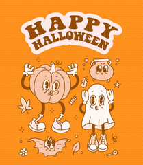 Retro Halloween trendy 70s retro style comic ghost and pumpkin characters greeting card template. Vintage Halloween mascot design in cartoon comic style. Contour vector illustration.