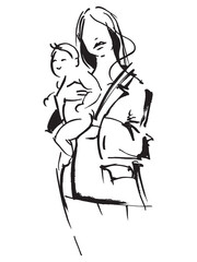 Motherhood. Woman with a child in her arms. Sketch of a female figure. Baby in arms