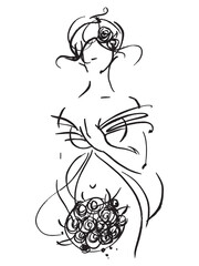Pregnant woman. Line drawing of a woman with a bouquet. Female body. Motherhood