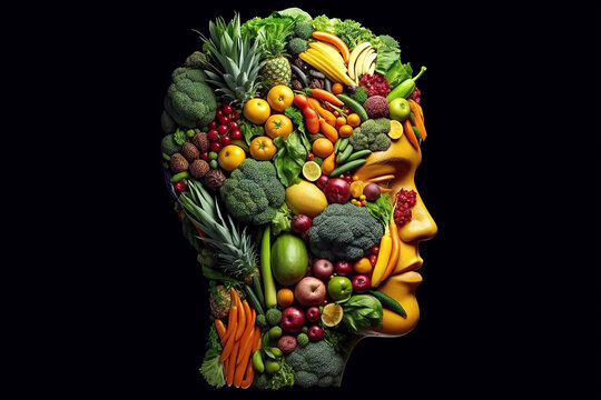 Naklejki Concept of vegetarianism from fruits and vegetables. Head of vegetarian eating healthy food on black background. Generative AI illustration