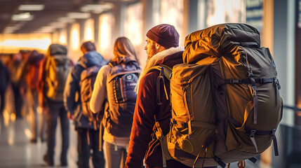 A group of people with backpacks walking down a hallway. Generative AI.