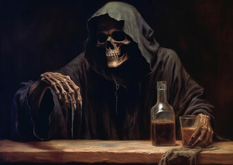 grim reaper drinking alcohol . anti drinking concept . alcohol addiction . Generative AI - obrazy, fototapety, plakaty