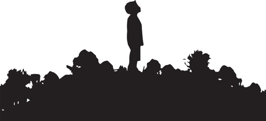 A black silhouette of a boy looking up at the sky with a white background