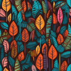 Colorful leaves seamless repeat pattern - fantasy colorful cubism, abstract art, trippy psychedelic [Generative AI]
