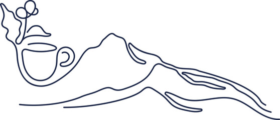 Coffee cup, mountain. Vector line sketch. Outline landscape. Design for cafe menu, shop. Vintage illustration
