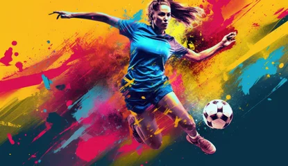 Deurstickers Dynamic FIFA Women's World Cup illustration with a jumping female player and vibrant paint splashes. Generative AI © Bartek