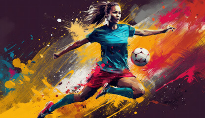 Obraz na płótnie Canvas Captivating concept design for FIFA Women's World Cup with a female player playing in a sea of colorful paint splashes. Generative AI