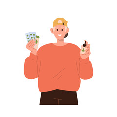 Portrait of happy smiling teenager boy character holding cannabis medication and drugs, cbd oil