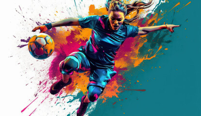 Colorful and dynamic FIFA Women's World Cup artwork showcasing a jumping female player amid vibrant paint splashes. Generative AI - obrazy, fototapety, plakaty