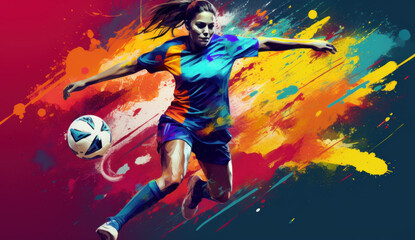 Energetic female soccer player in abstract illustration. Colorful paint splashes. Concept for FIFA Women's World Cup. Generative AI