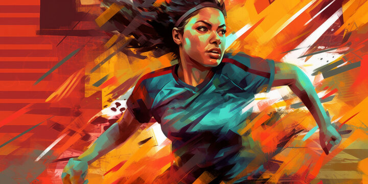 Energetic female footballer in vibrant artwork. Concept for FIFA Women's World Cup. Generative AI