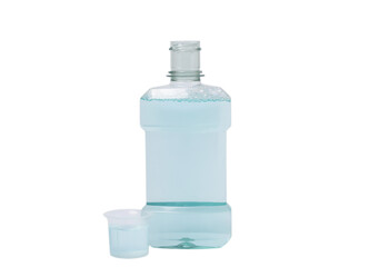 Mouthwash isolated on white background. Flat lay. Oral hygiene. Oral care kit. Dentist concept. Place for text. Place to copy.