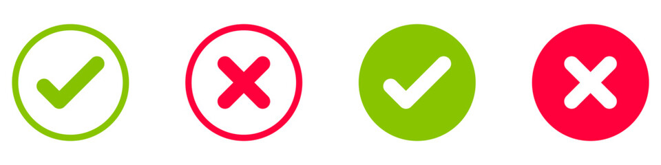 Check mark and x set icon. Simple web buttons. Checkmarks and x or confirm. Round checkmark..