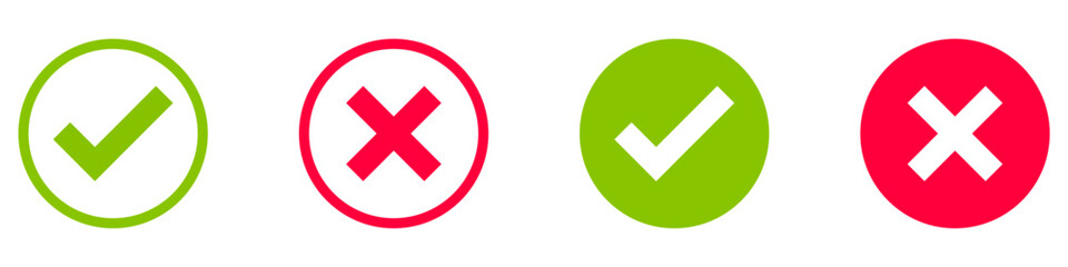 Check mark and x set icon. Simple web buttons. Checkmarks and x or confirm. Round checkmark..