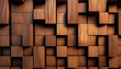 3d illustration. Wooden Square of wood. Mosaic, geometric shape with wood texture, Generative AI