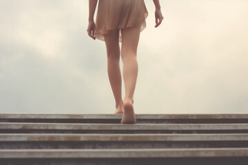 Close up legs walking on the stairs, blured sky background. AI generative