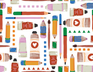 Colorful Cute Hand drawn pencils stationery seamless pattern , Vector kids pattern , Back to school