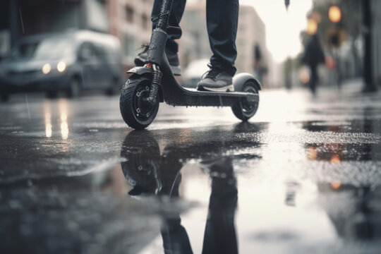 Close up of person legs riding electric scooter while crossing the wet street on a bright sunny and rainy day