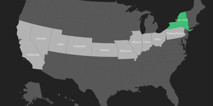 Stylized animated grey and green/blue/teal flat 
Map on dark gray background. Animation revealing a route from New York to California on the map.