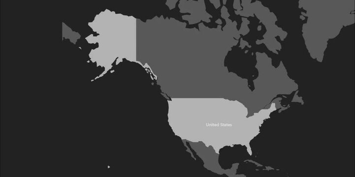 Stylized animated grey and green/blue/teal flat 
Map on dark gray background. Animation revealing from UK/United Kingdom/Britain to USA/US/America on the map.