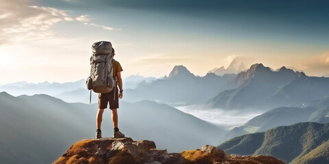 Traveler with a backpack on top of a mountain. Generative AI	

