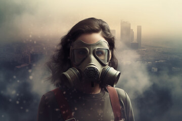 Portrait of a girl in a respirator against the backdrop of polluted city air. Generative AI	

