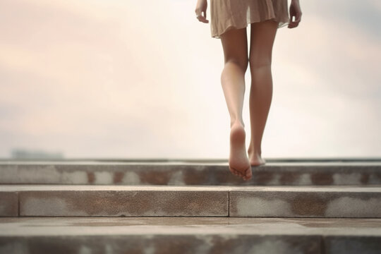Close up legs walking on the stairs, blured sky background. AI generative