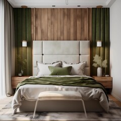 White-Themed Bedroom with a Wooden Headboard. Generative AI