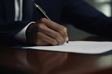 Close-up of a businessman's hand signing a document. Generative AI	
