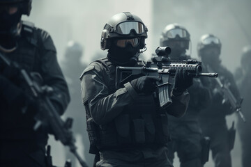 Armed people in masks, counter terrorism concept. Generative AI	

