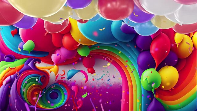 Birthday greeting  or anniversary party greeting  in motion with full of colorful balloons with rainbow colors , use it as a background or greeting or setup party room          