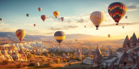 landscape hot air balloons over the valley. Generative AI	
