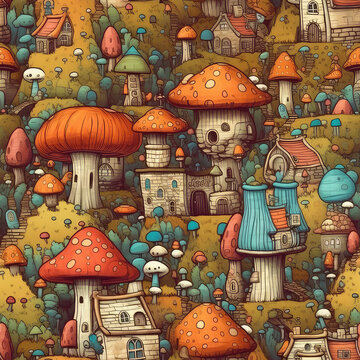 Mushroom houses fantasy gnome village seamless repeat pattern colorful cartoon [Generative AI]
